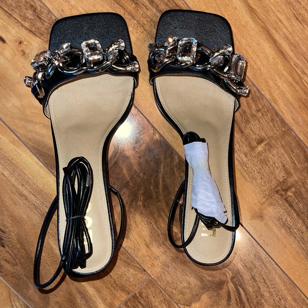Gem Chain Detail Lace Up Square Toe Block Heel